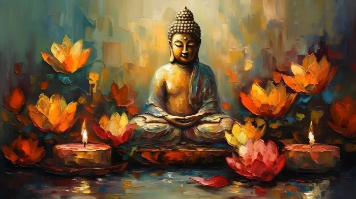 Impasto oil artwork depicting Lord Buddha in meditation amidst glowing orange lotuses and candles on water. | PrintPosters.in